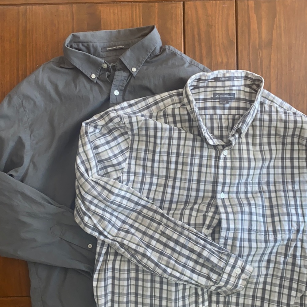 Two Eddie Bauer long sleeve button downs size large